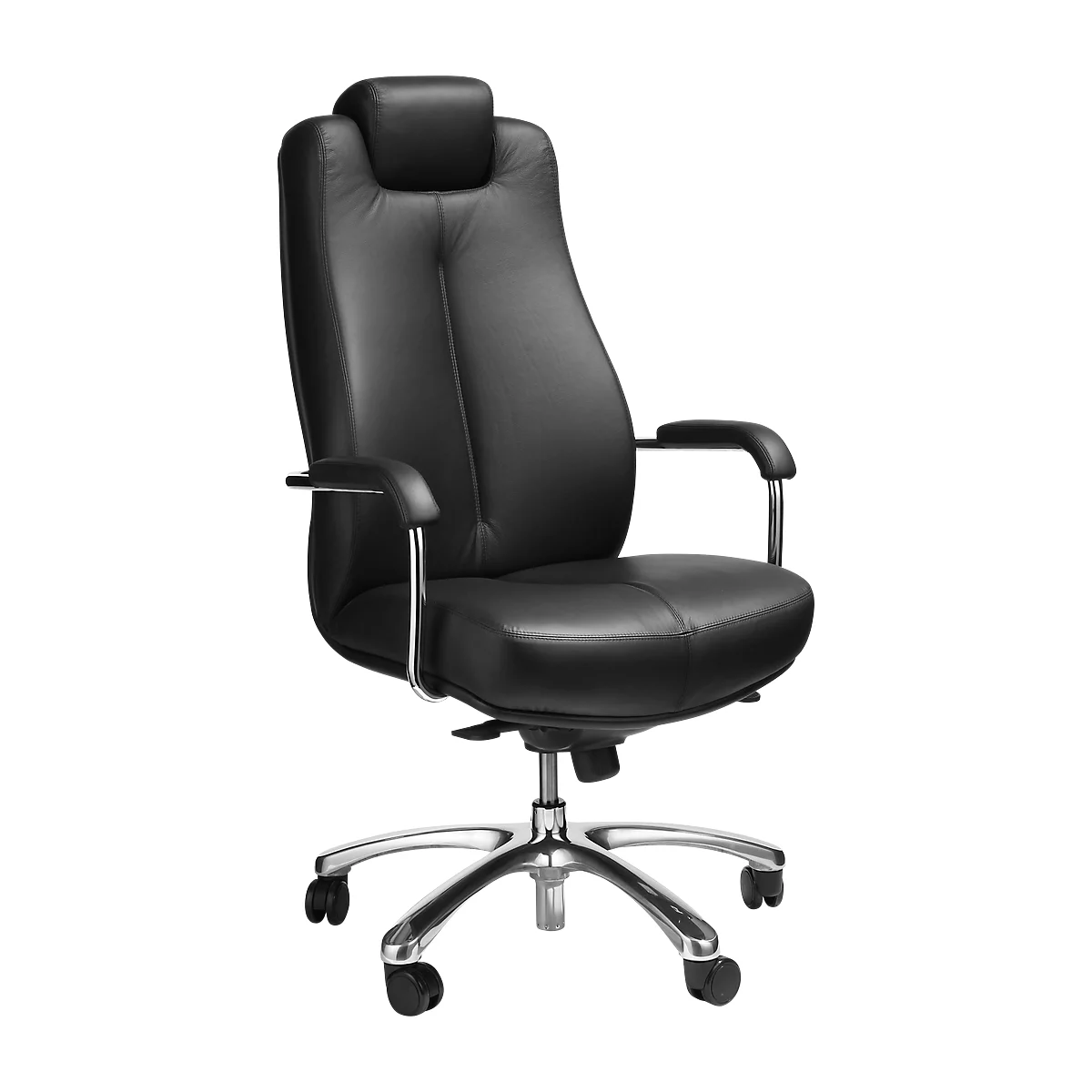 Black office chair with high back, armrests and chrome caster base.