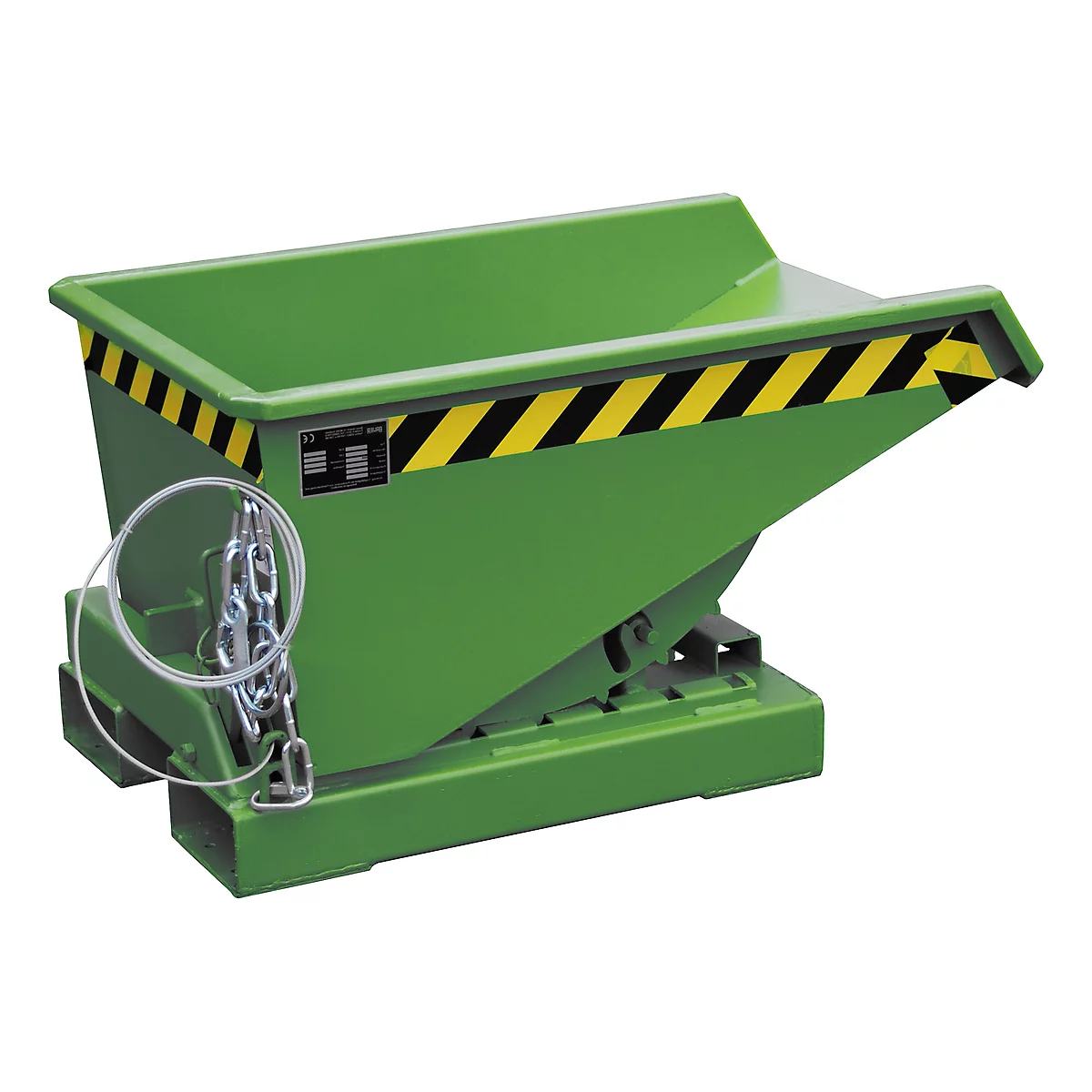 Green tipping skip with yellow and black warning stripes. A bracket with a chain on the floor.