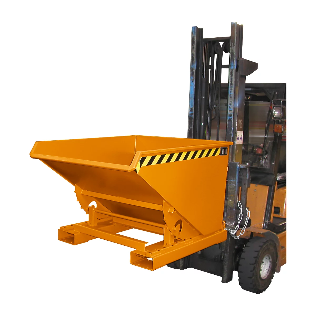 Orange tipping skip attached to a forklift, yellow and black warning markings.