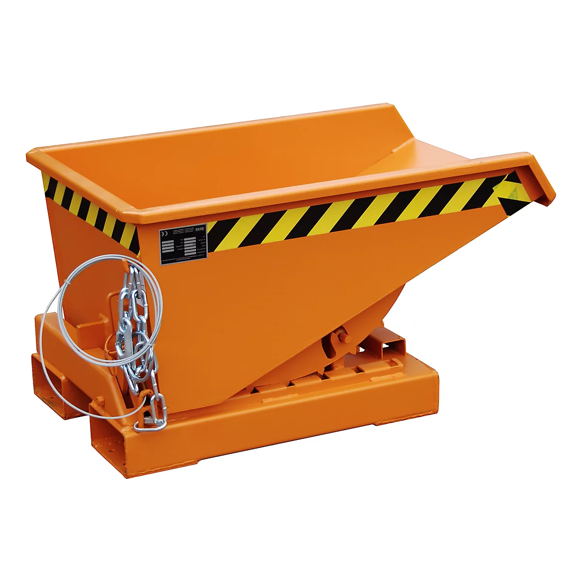 Orange skip bin, with black and yellow warning stripes, chains, and metal frame.
