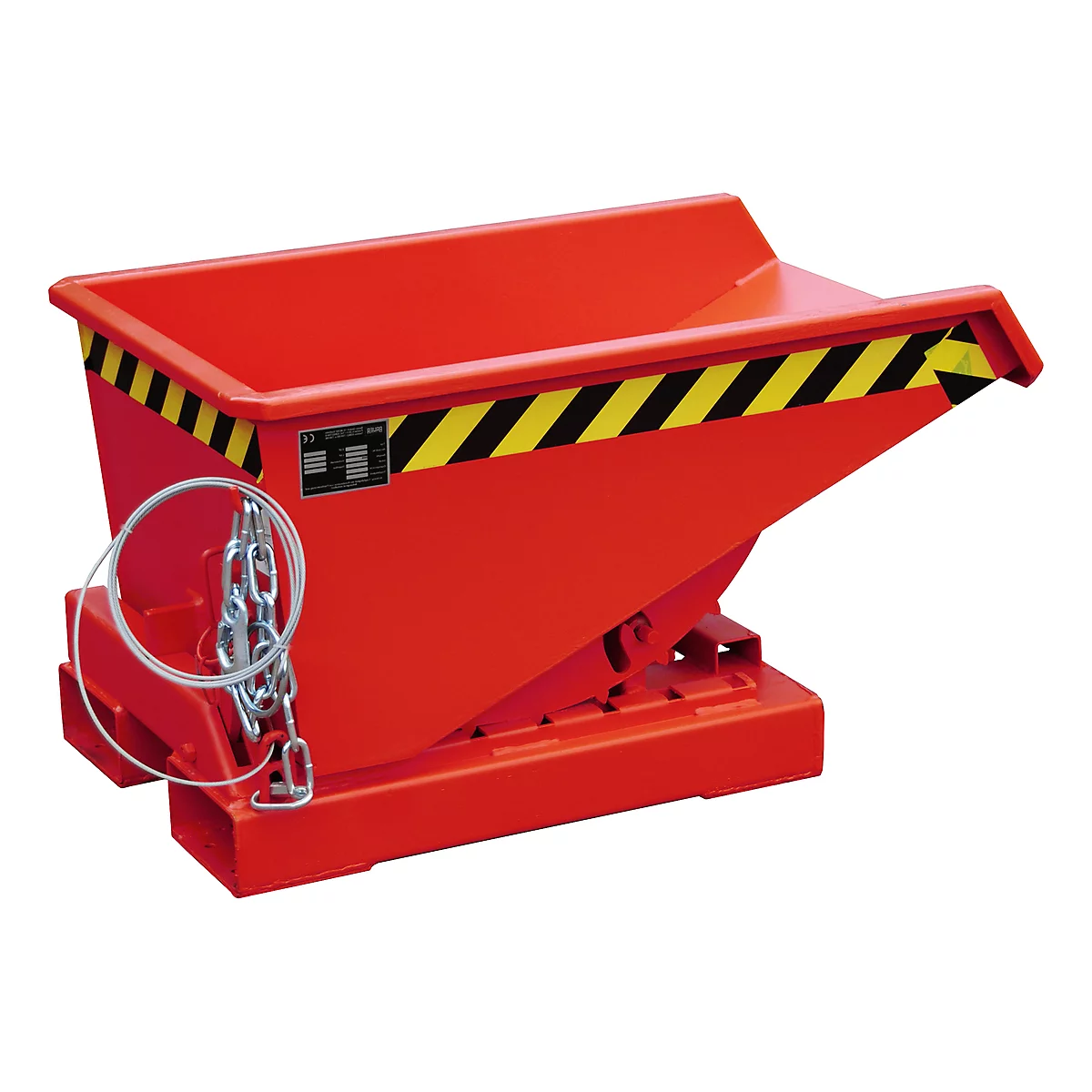 Red tipping skip with black and yellow warning stripes. Chain and wire rope for securing. On red base.