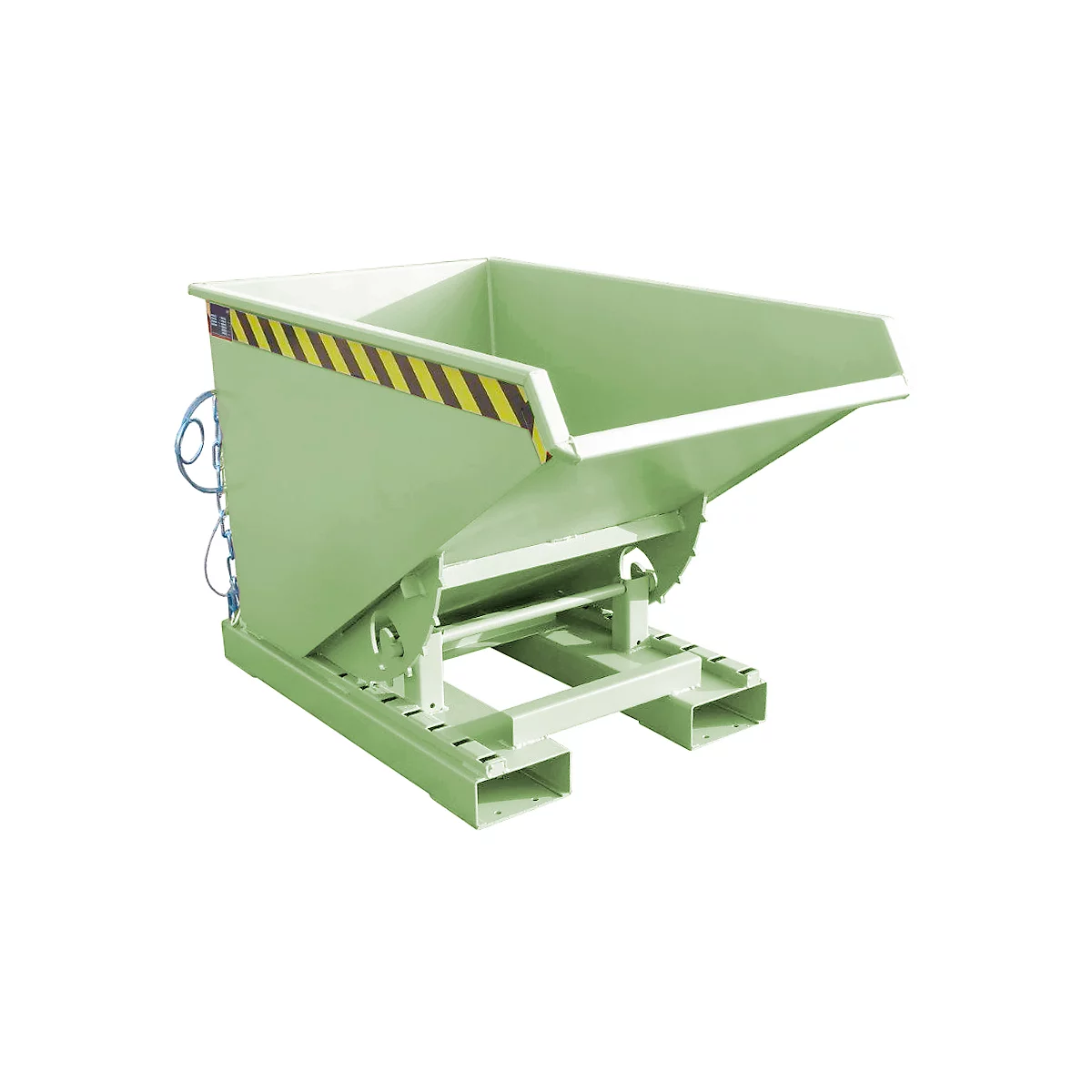 Green, tilting industrial container with yellow and black warning stripes.