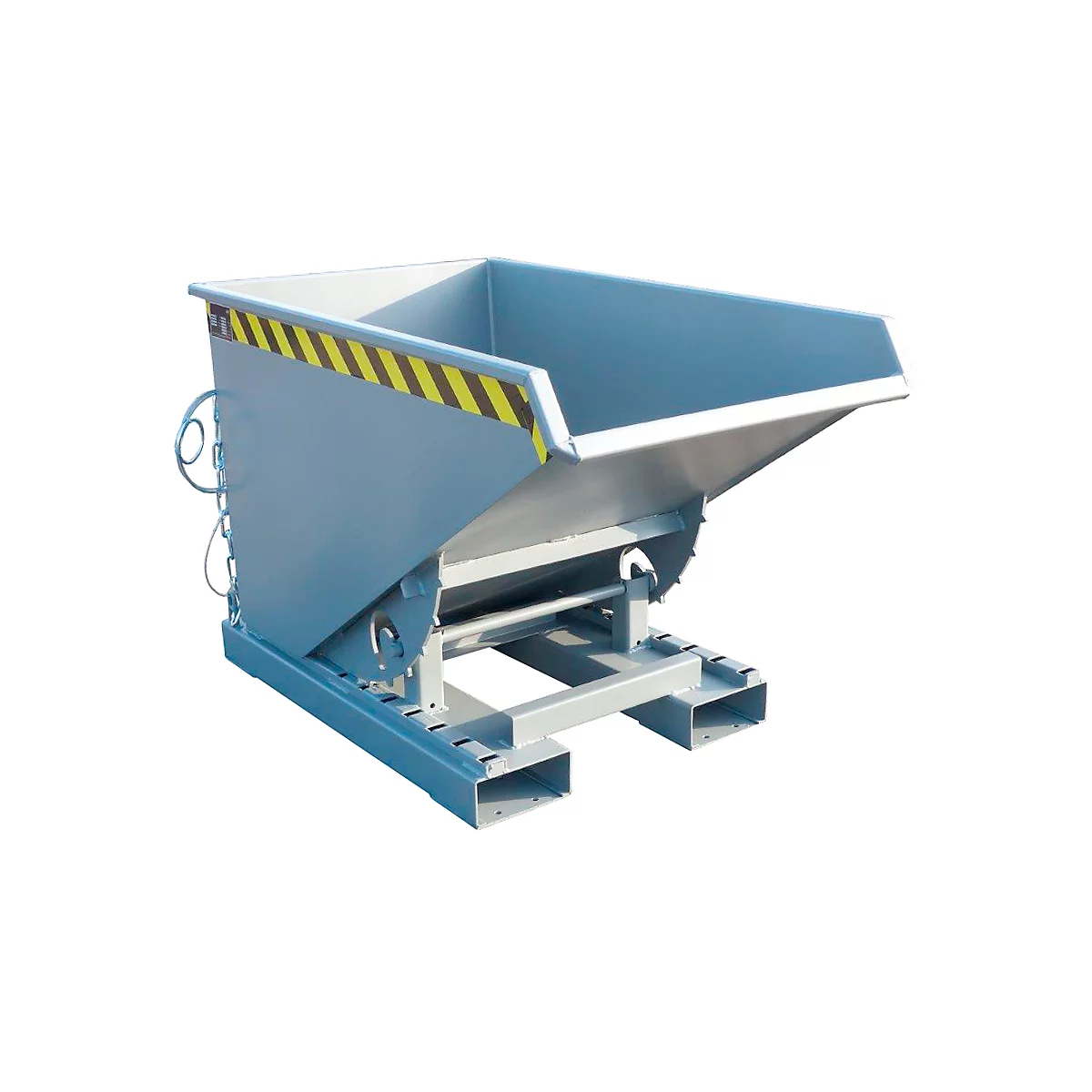 Grey tipping skip with yellow and black warning stripes. The container stands on a frame.