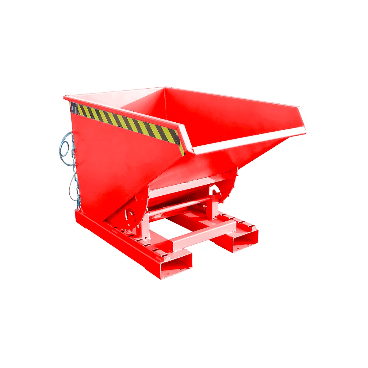 Red tipping container on a white background. Yellow and black warning stripes on the edges.
