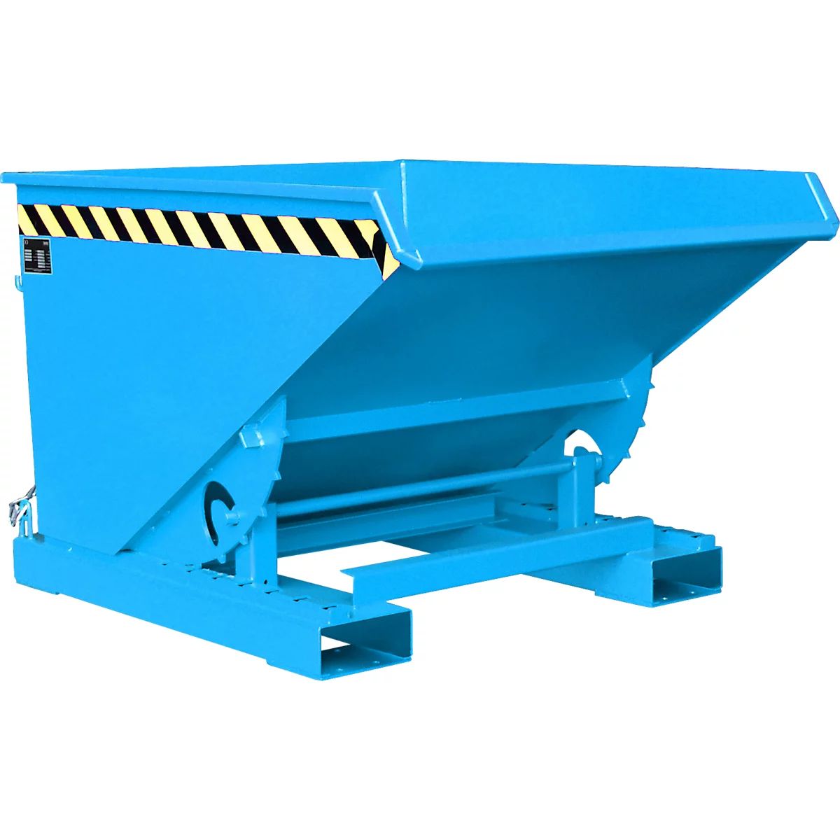 Blue tilting skip, angled, with black and yellow stripes on the top edge. On a light background.
