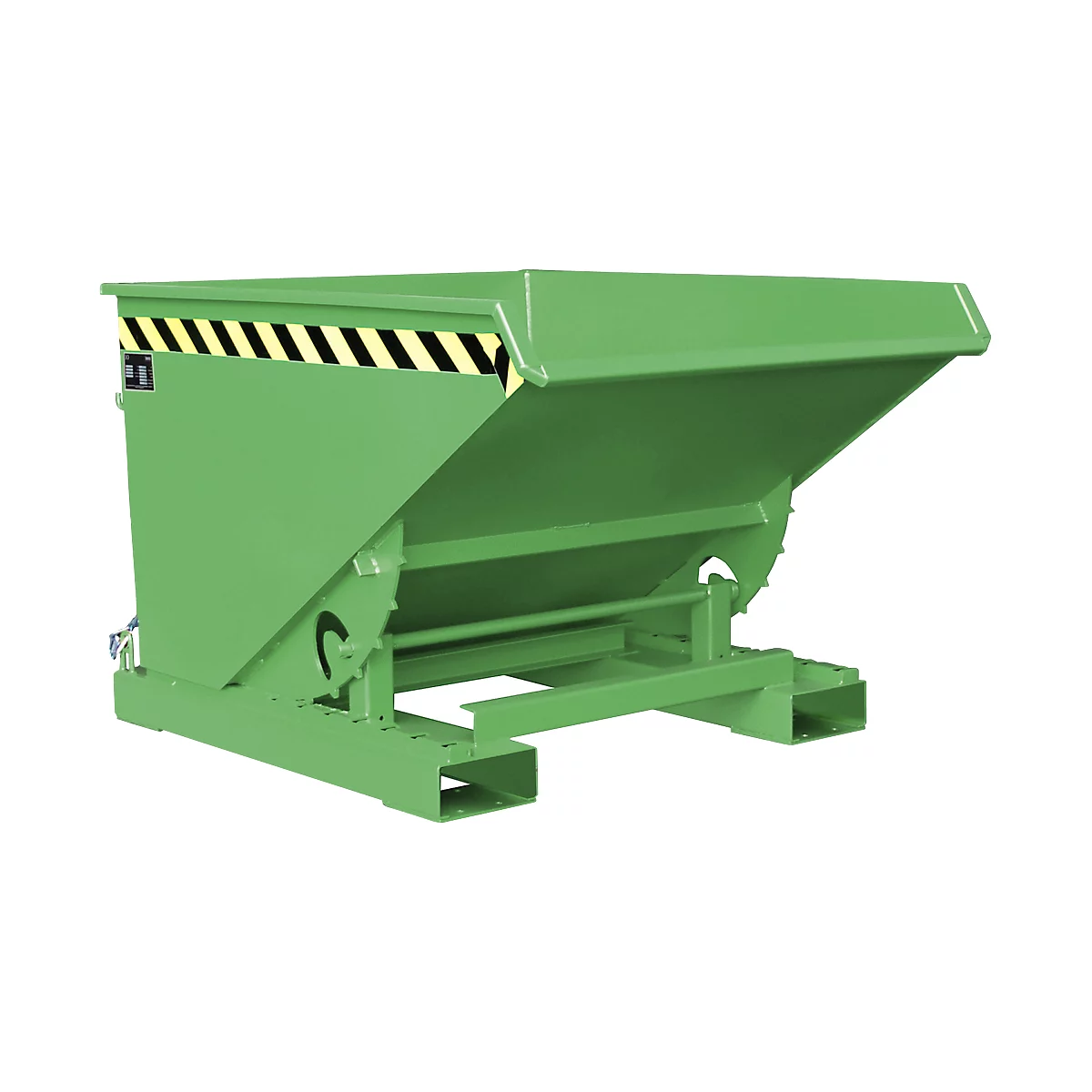 Green tipping skip with black and yellow stripes. Steel construction, angled design. For industrial and transport purposes.