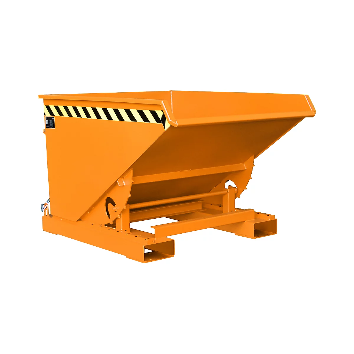 Orange skip, slanted with yellow and black stripes. Shown on a flat base.