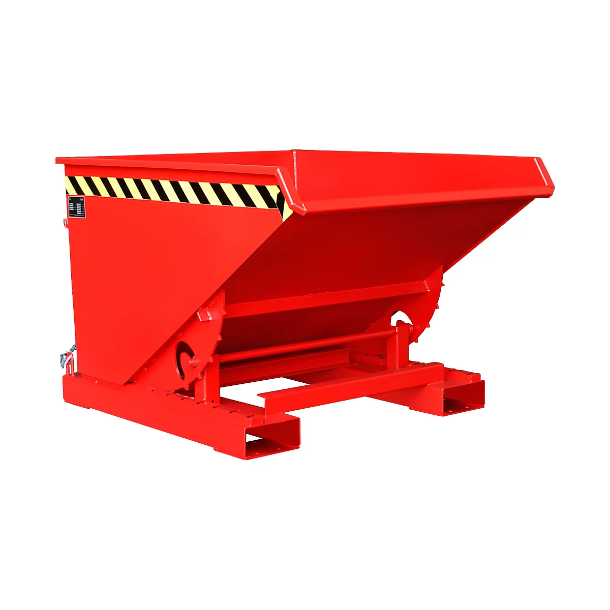 Red steel container with slanted top and black and yellow warning stripes. On a sturdy base.