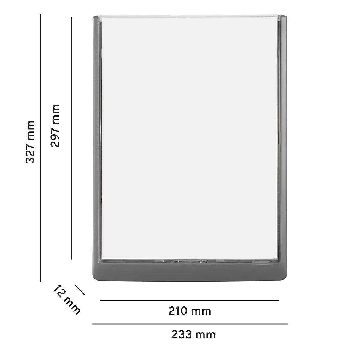 Marco gris con dimensiones: 327 mm x 233 mm. Campo blanco en el interior, dimensiones: 297 mm x 210 mm. 12 mm de ancho.