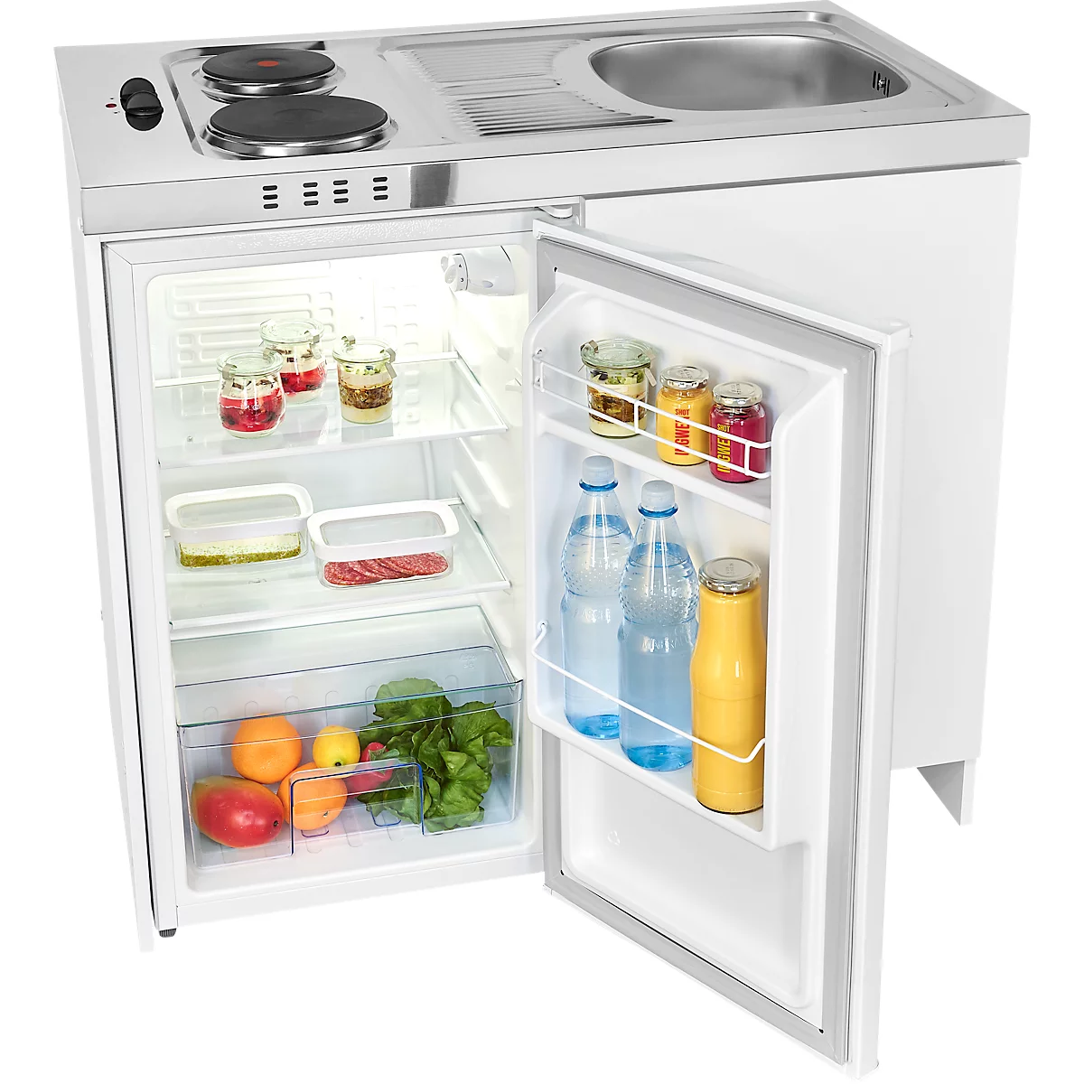 Cuisine compacte avec cuisinière, évier et réfrigérateur, la porte est ouverte, à l'intérieur de la nourriture.