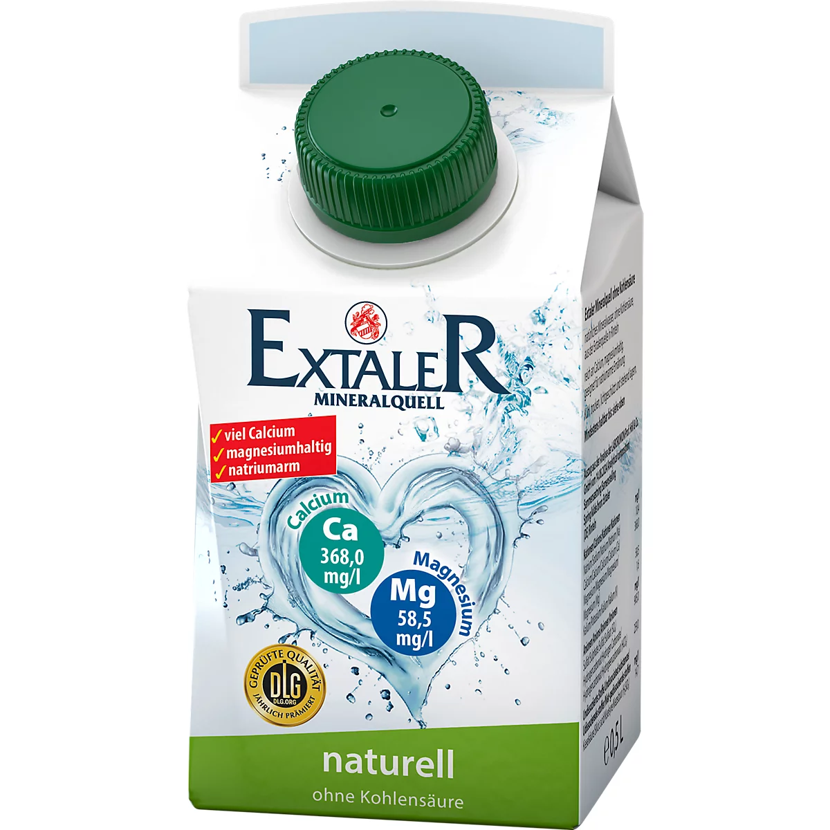Getränkekarton Extaler Mineralquell Naturell mit grünem Verschluss und Herz-Symbol.