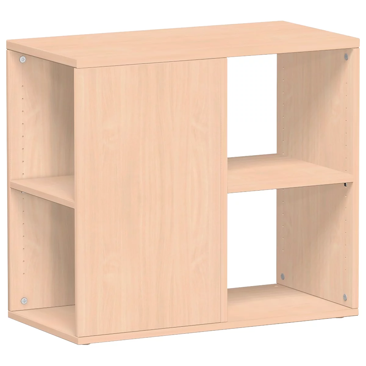 Beige wooden shelf with two compartments and a sliding door element. The shelf stands upright.