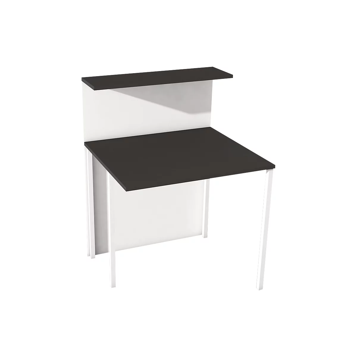 Black and white desk. Black tabletop, white frame, smaller shelf above.