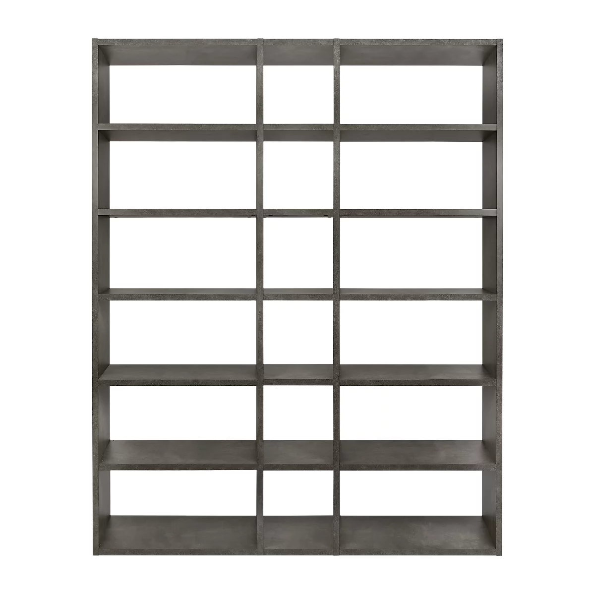 Gray bookcase with many compartments, against a white background. The shelves are evenly arranged.