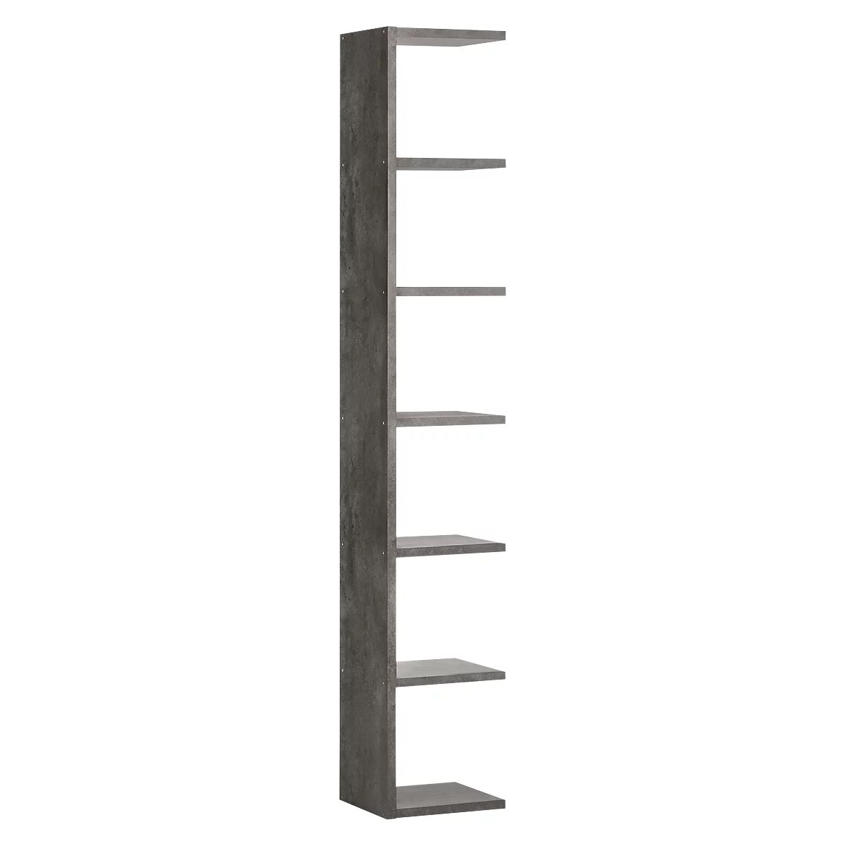 Tall, narrow bookshelf made of gray wood with several horizontal shelves.