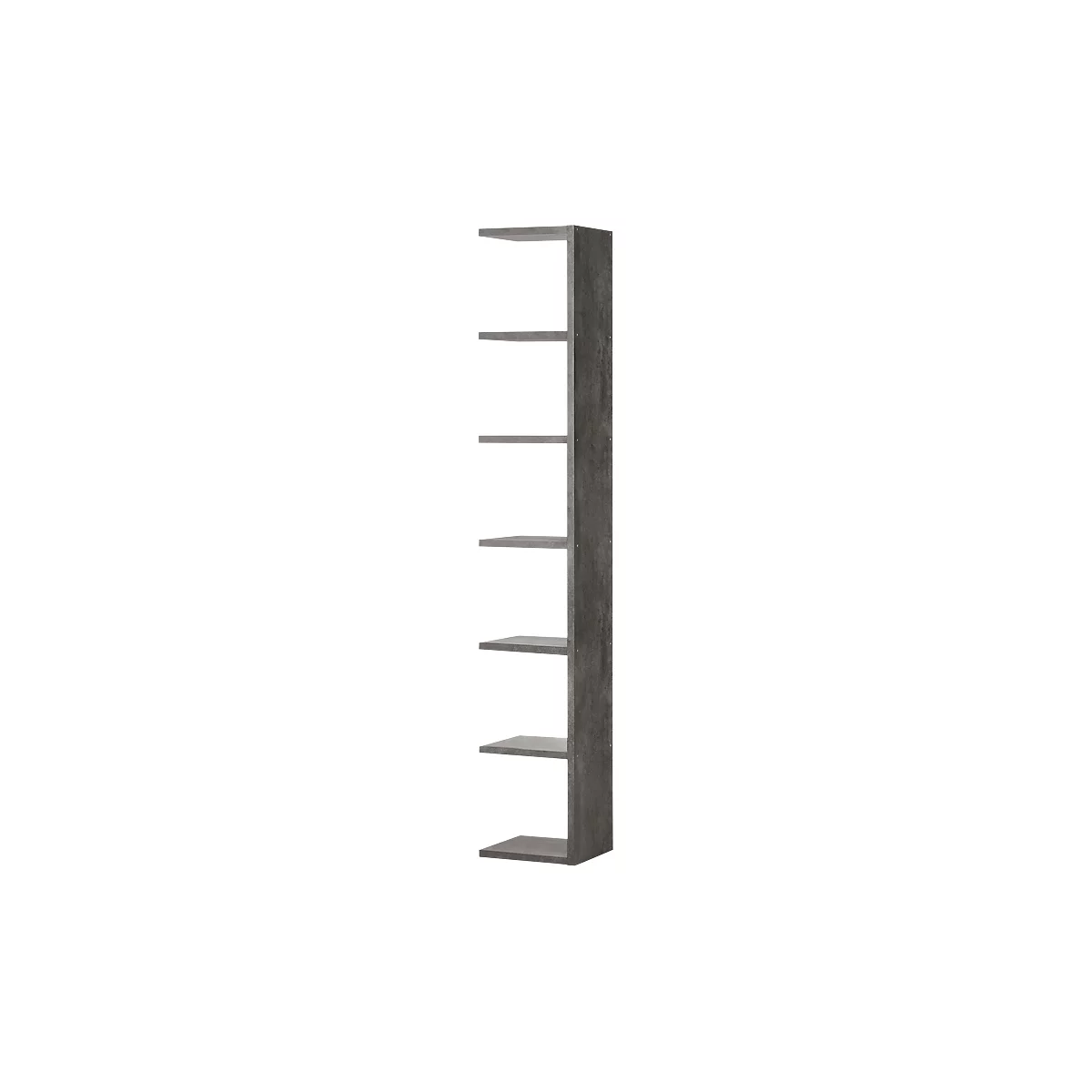 Gray, narrow shelf with six horizontal shelves against a white background.