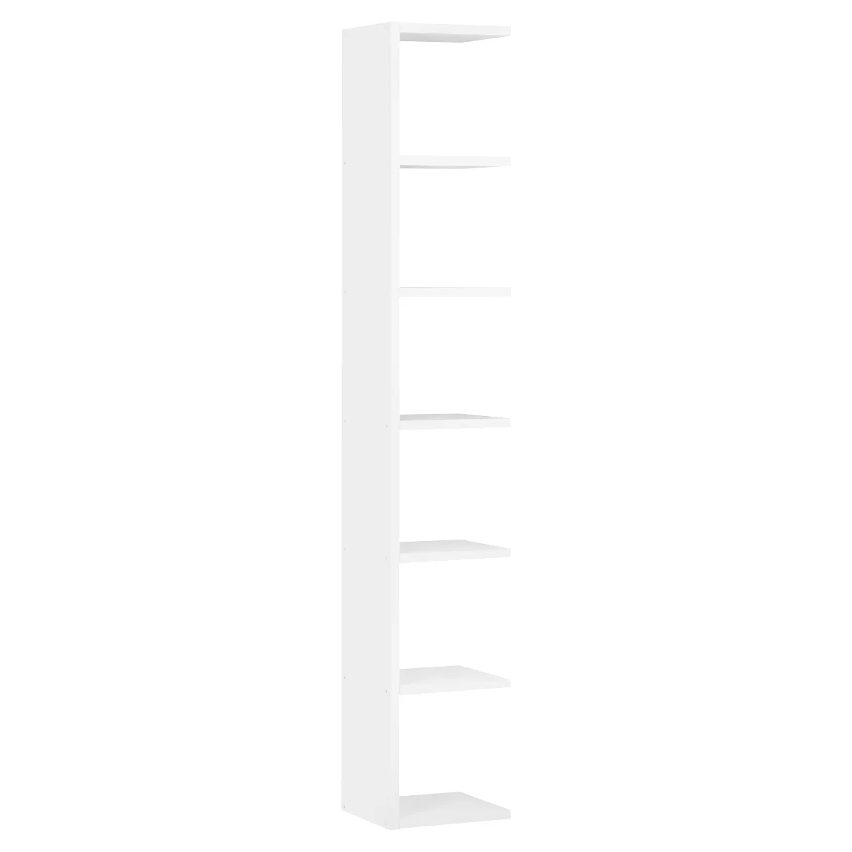 White shelf with five compartments, in front of white background.