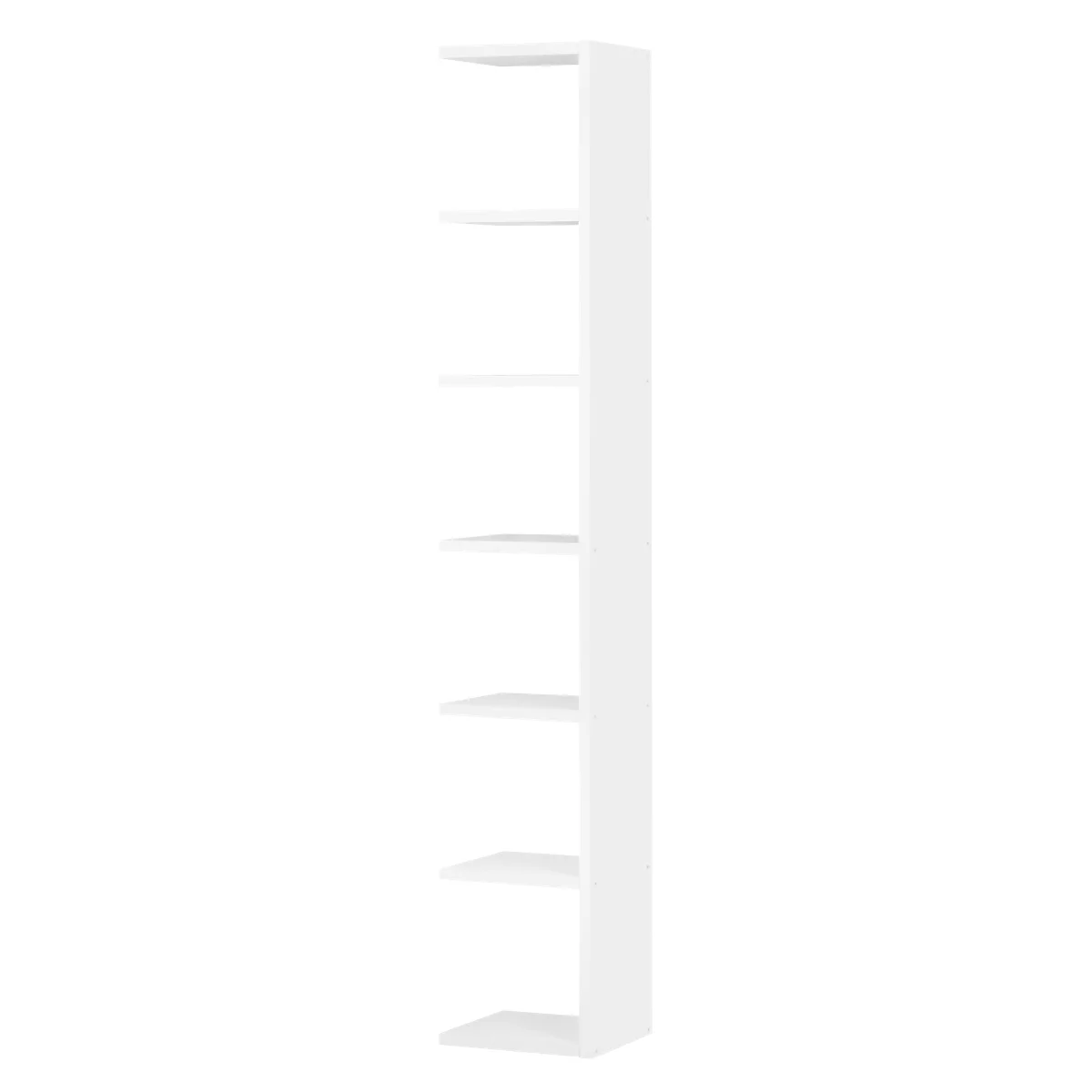 A white bookshelf with several shelves, free-standing, against a white background.