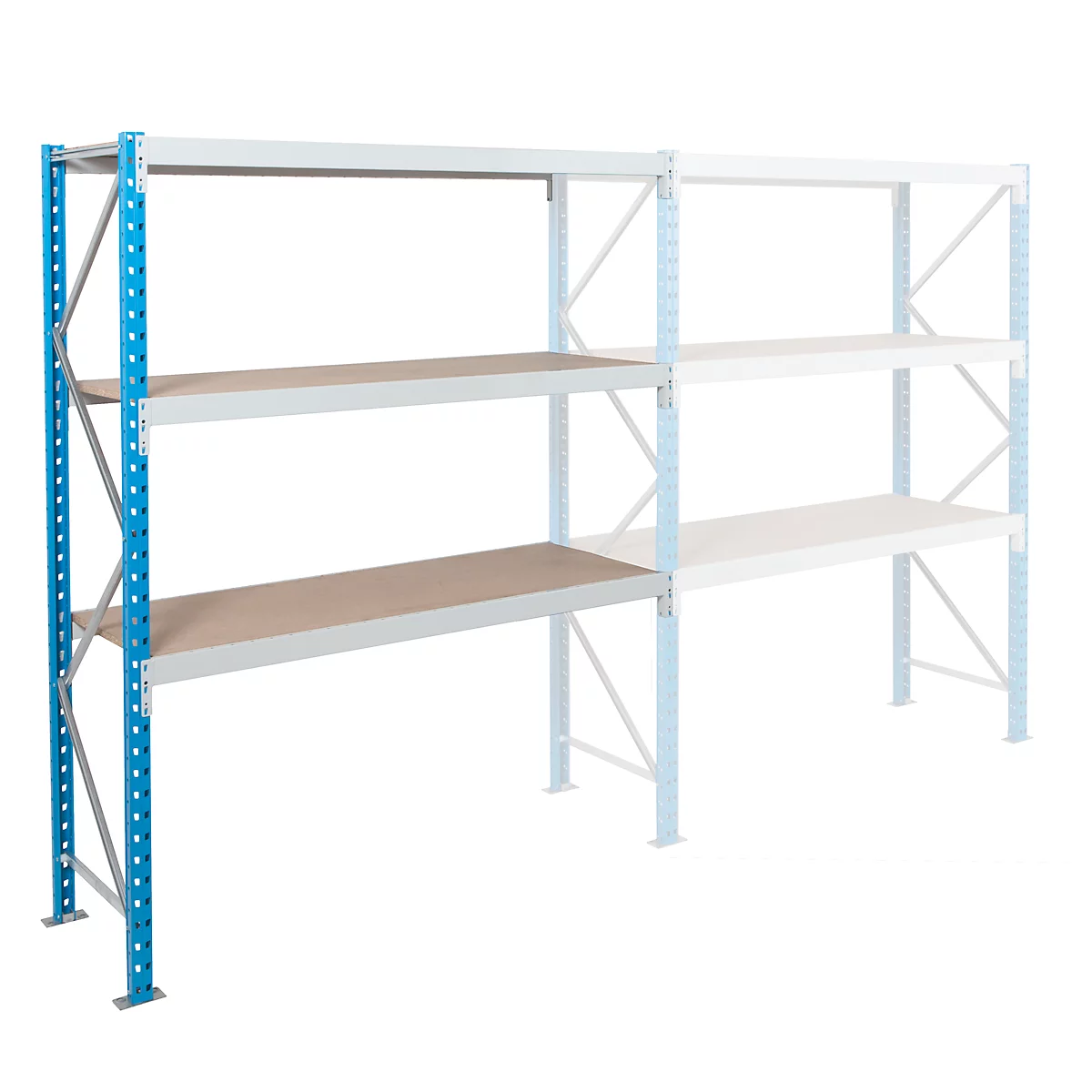 Shelving unit with blue side rails and beige shelves, against a white background.