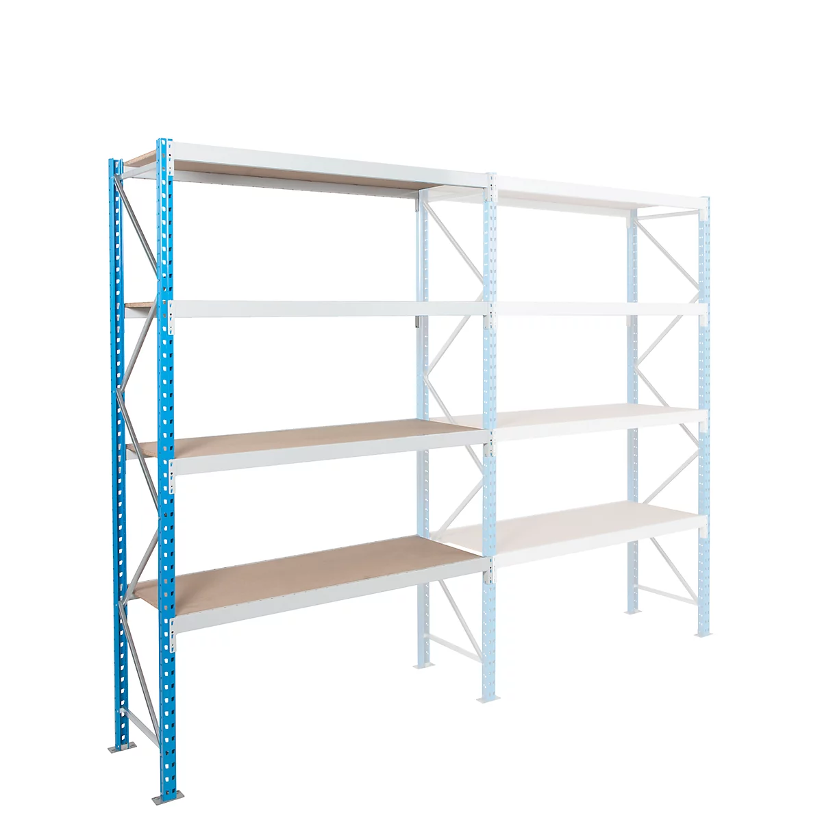 A blue and white storage rack, partially sketched in light blue, on a white background.