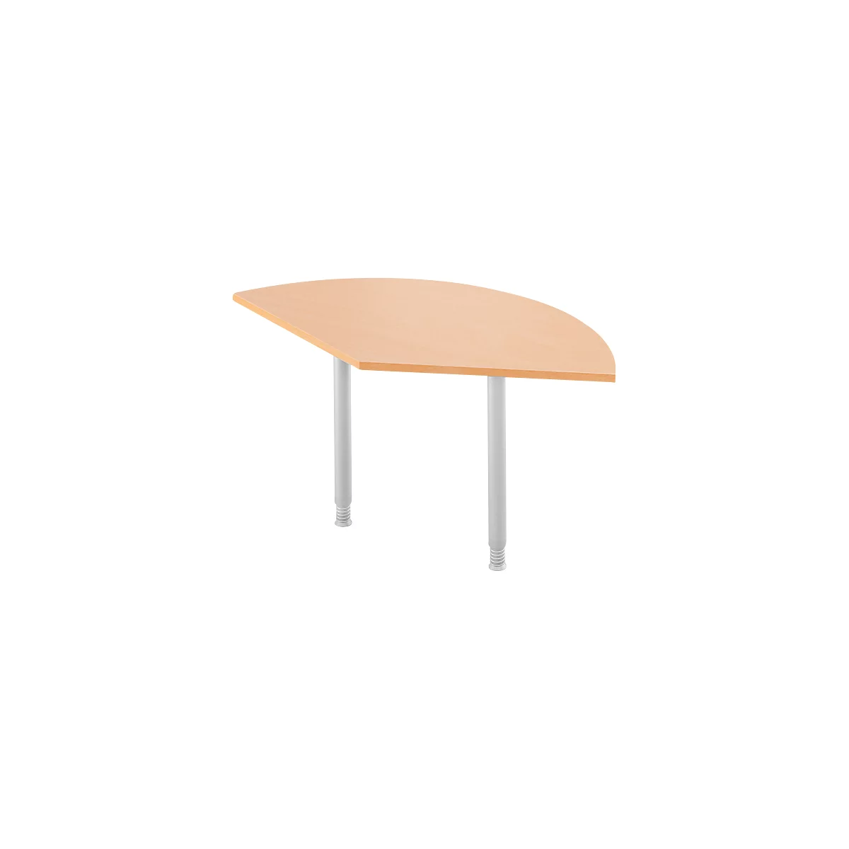 Semicircular table with light brown tabletop and white legs.