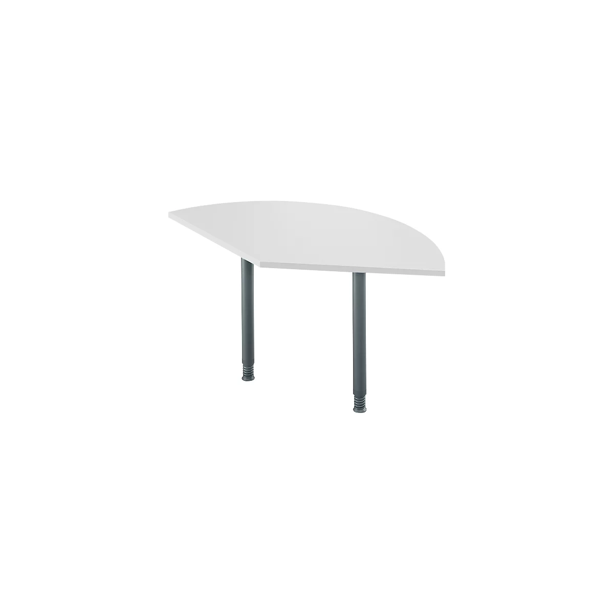 Semicircular white table with two gray legs. Rounded corners.