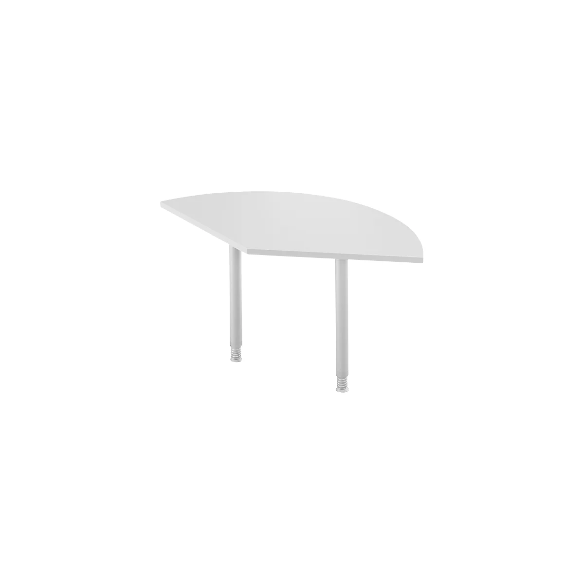 White, semi-circular table with two legs.
