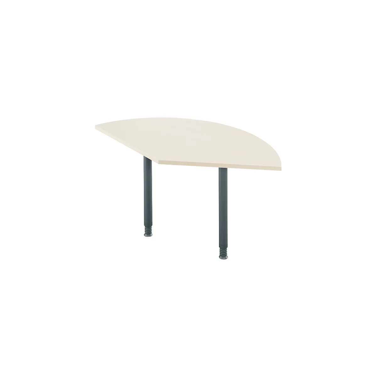 Semicircular desk with light brown tabletop and two gray, height-adjustable legs.