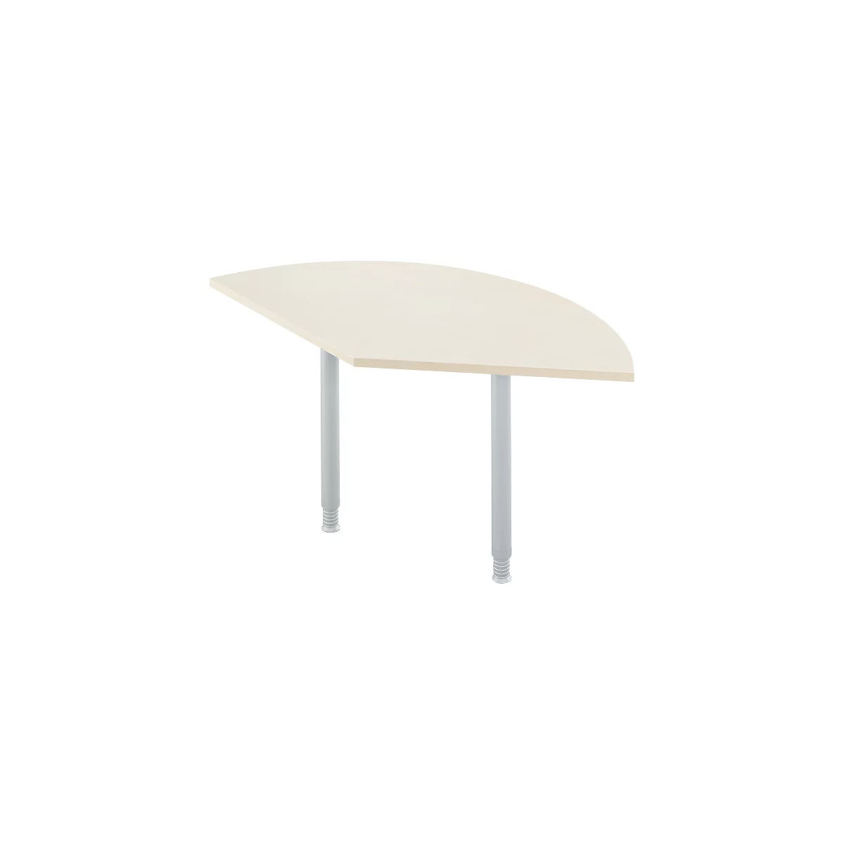 Semicircular table, light wood top, two gray legs.
