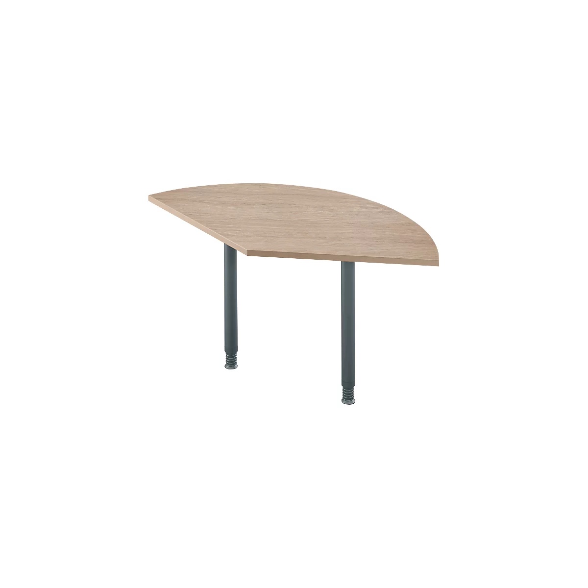 Semicircular table with wood look, gray frame and two legs.
