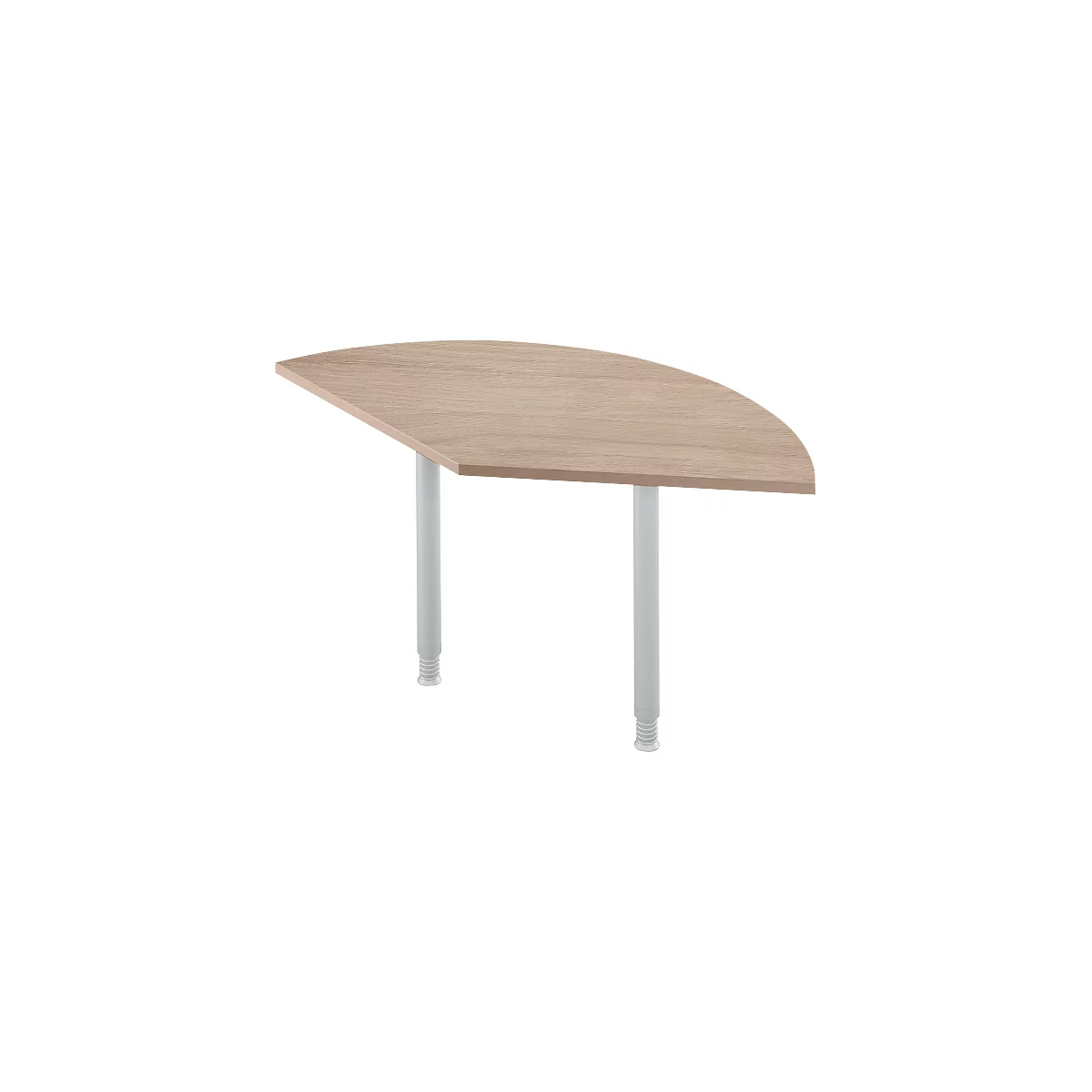 Half-round wooden table with two white legs. The table is light brown with wood grain. The legs are adjustable.
