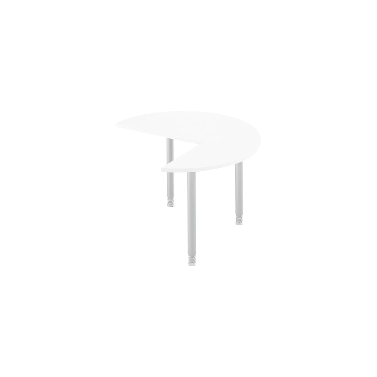 A white, semi-circular table with three gray legs. The legs are adjustable in height.