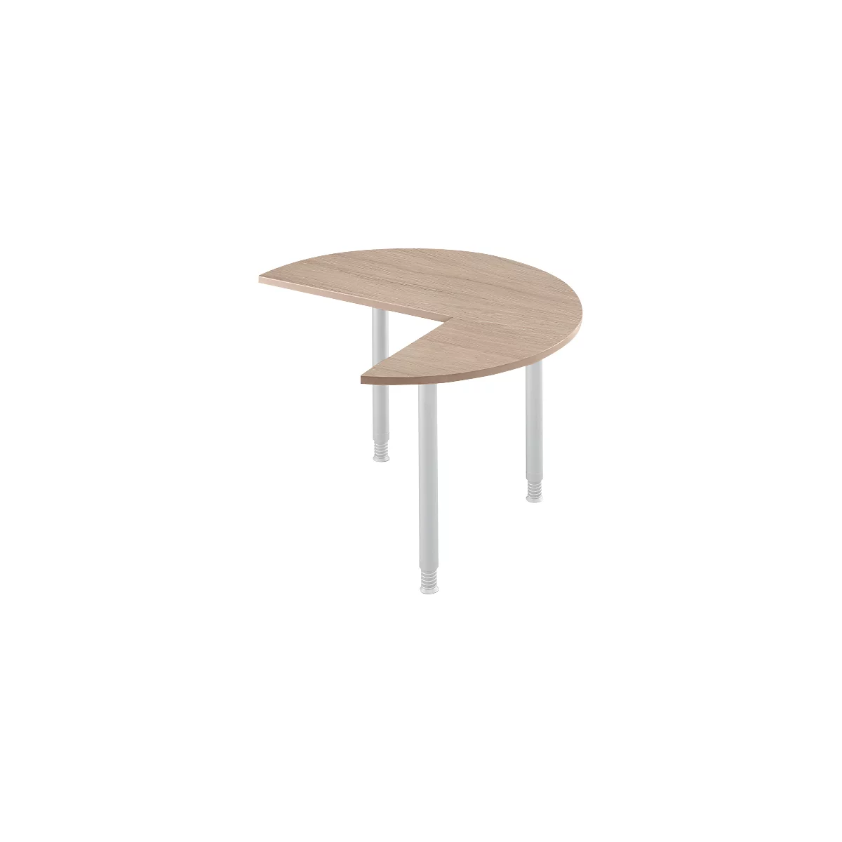 Semi-circular table with light wood top, white legs, and adjustable feet.