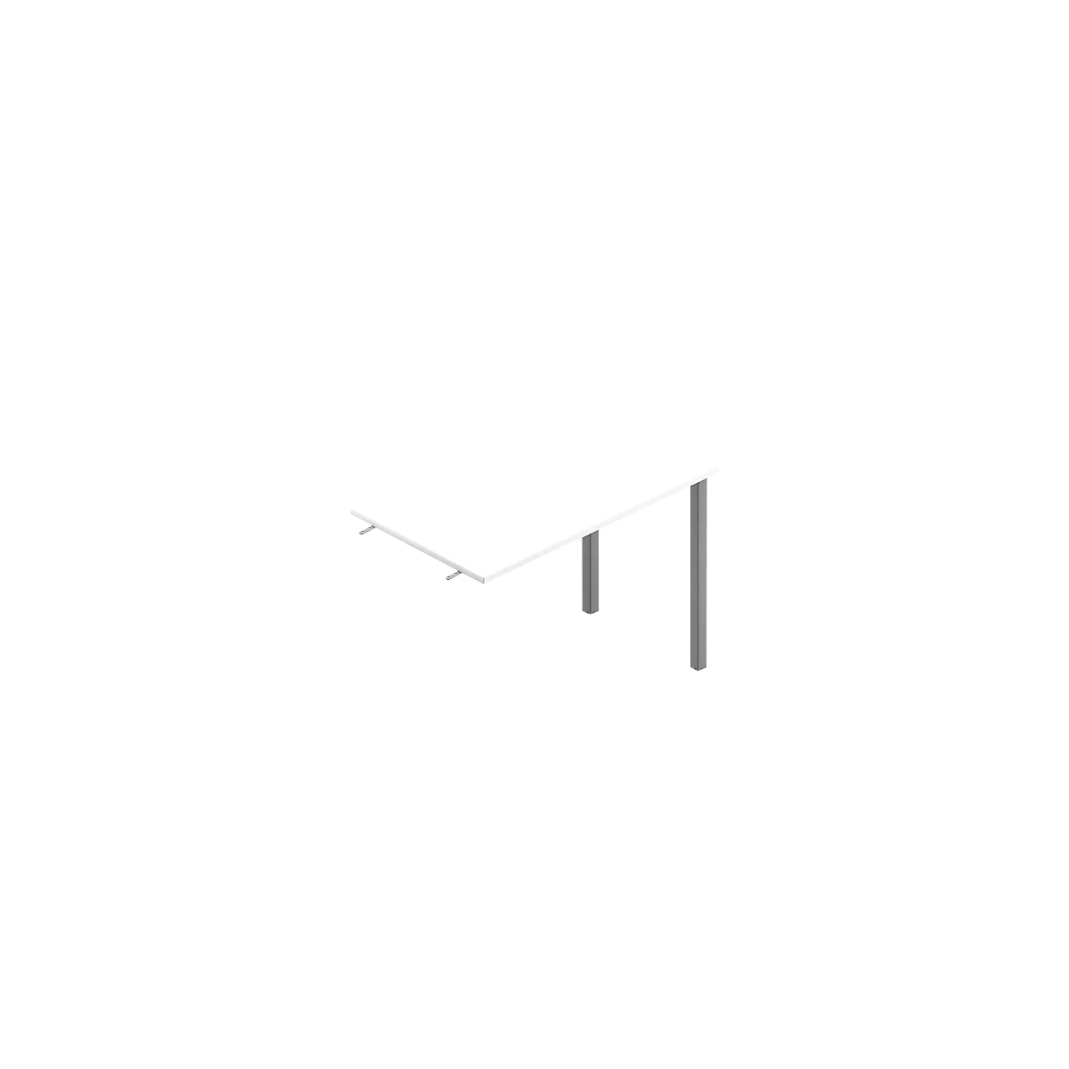 A white table on a white background, supported by gray legs.