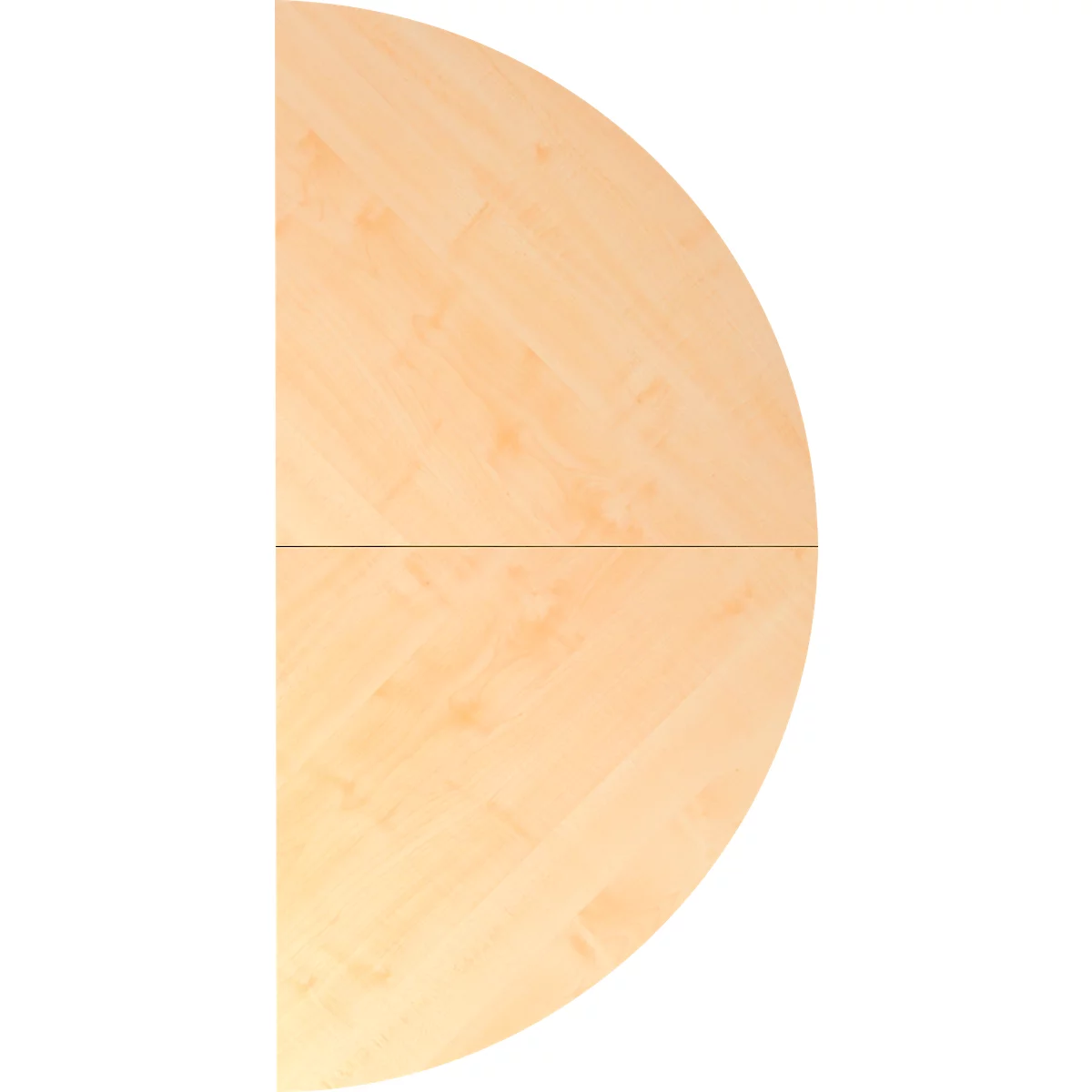 Light, wood-colored table top in the shape of a half circle. The wood grain is clearly visible.