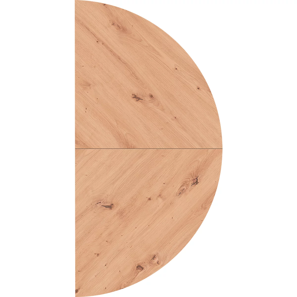 Close-up of a half-round wooden table top, with wood grain. The tabletop has a light wood color.