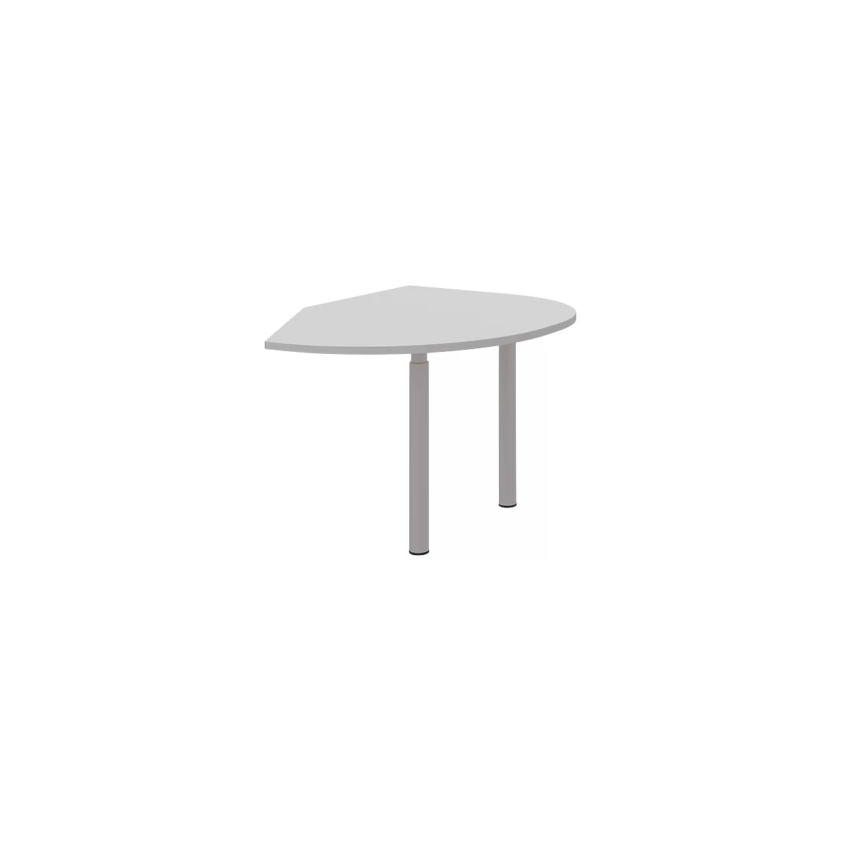 A white, semi-circular table with two gray legs.