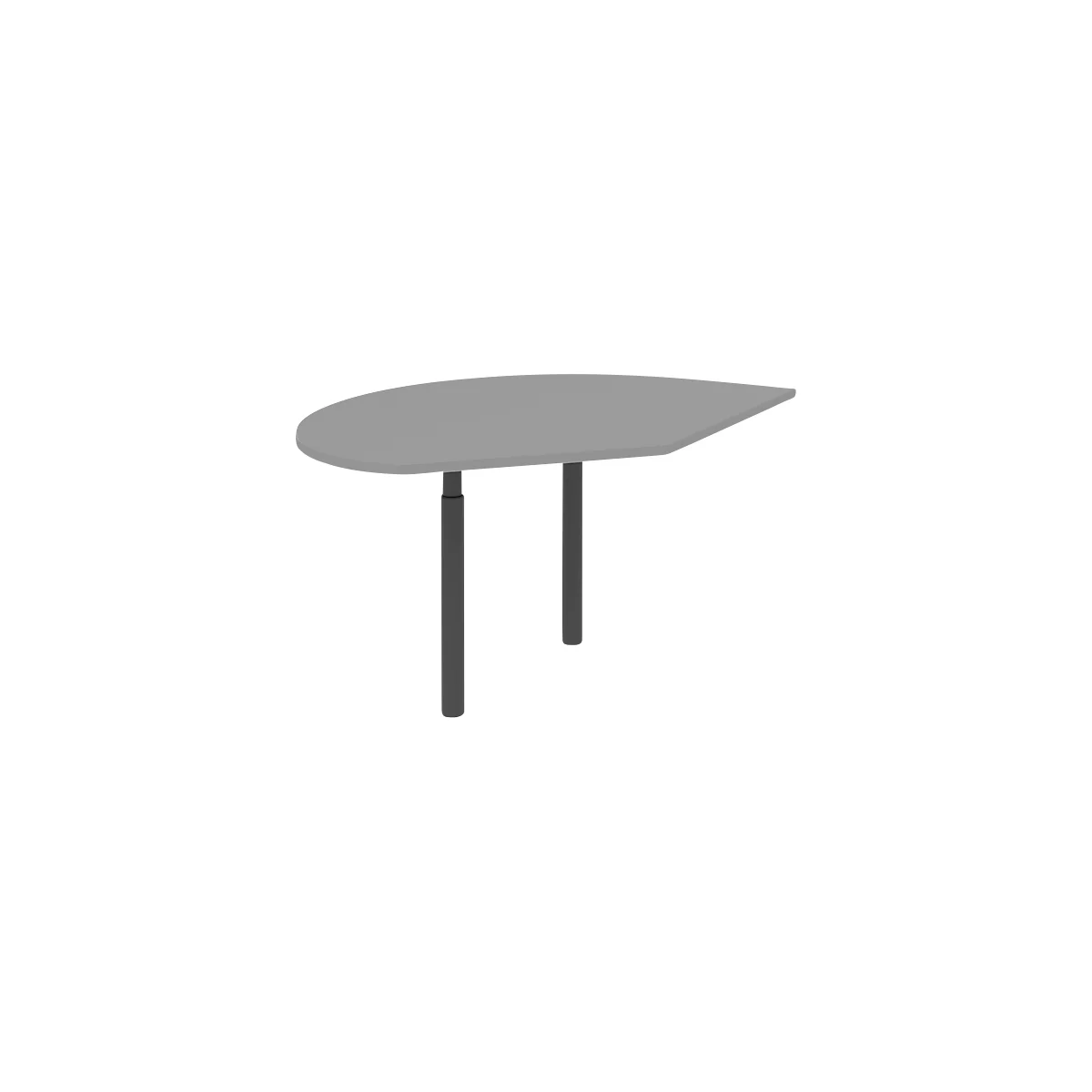 Gray, drop-shaped table with two black, cylindrical legs.