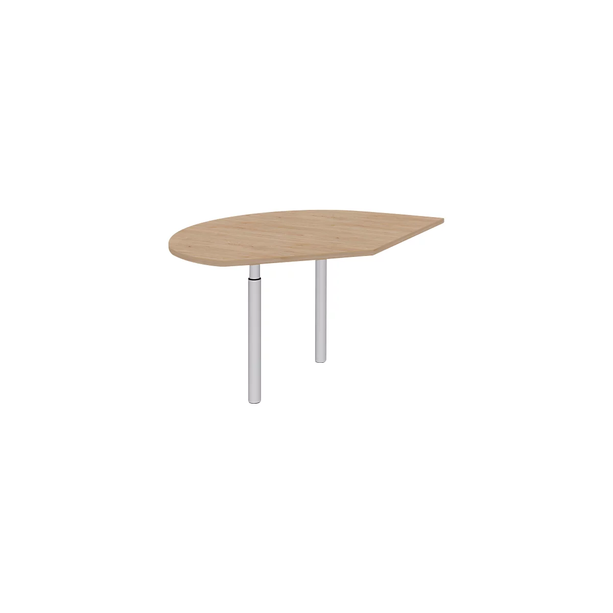 Light brown, semi-circular table with two white legs.