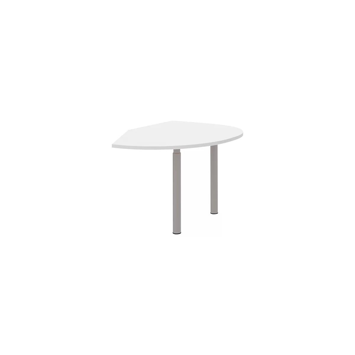 A white, semi-circular table on two grey, cylindrical legs.