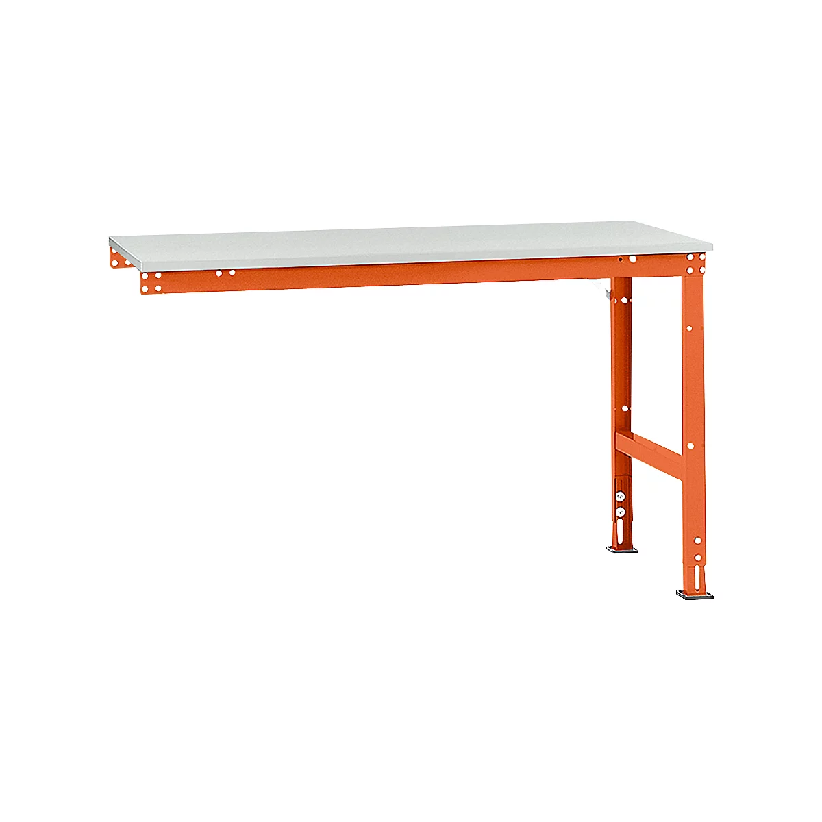 An orange work table with a white work surface. The table has a modern design with angled legs.