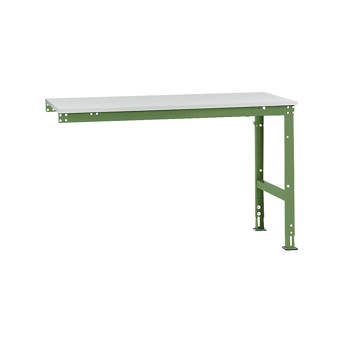 A workbench with gray top and green metal legs. The workbench is on a white background.