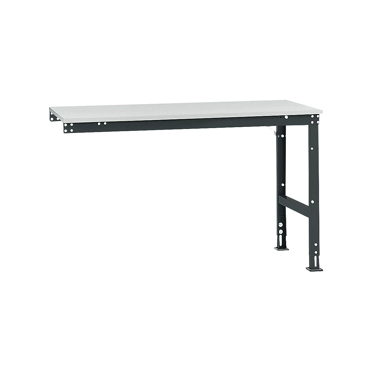 A grey workbench against a white background. The table has a light-colored worktop and a black metal frame.