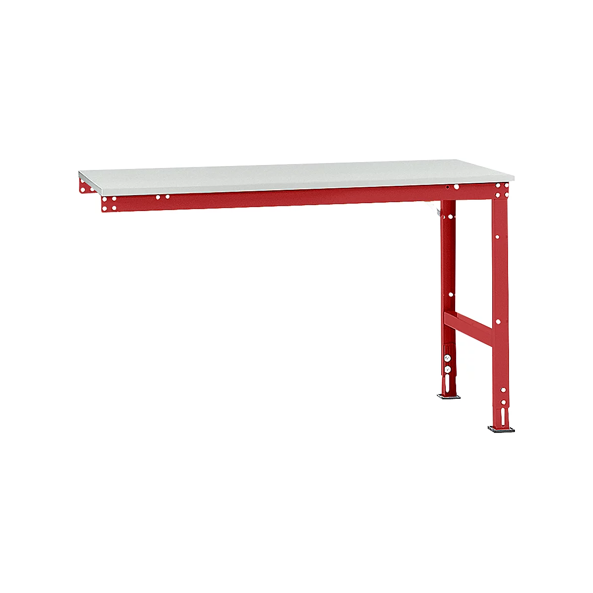 A red work table with a light, rectangular work surface. The frame has square legs.