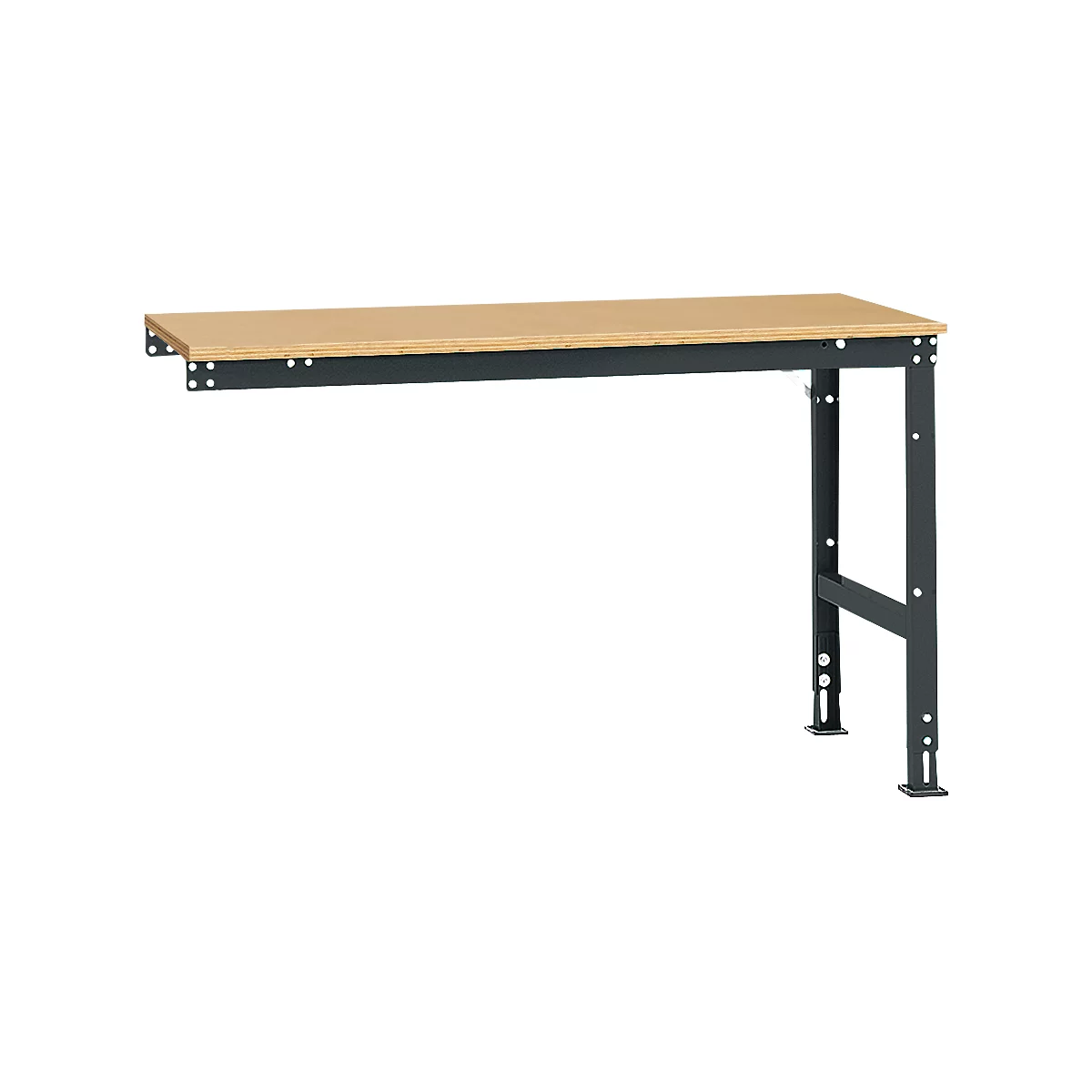 Wooden and metal workbench. The tabletop is light, the legs are dark gray. The construction is minimalist.