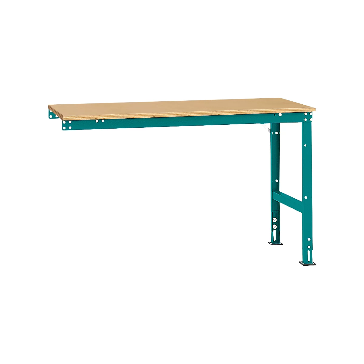 Workbench with wooden tabletop and turquoise metal frame.