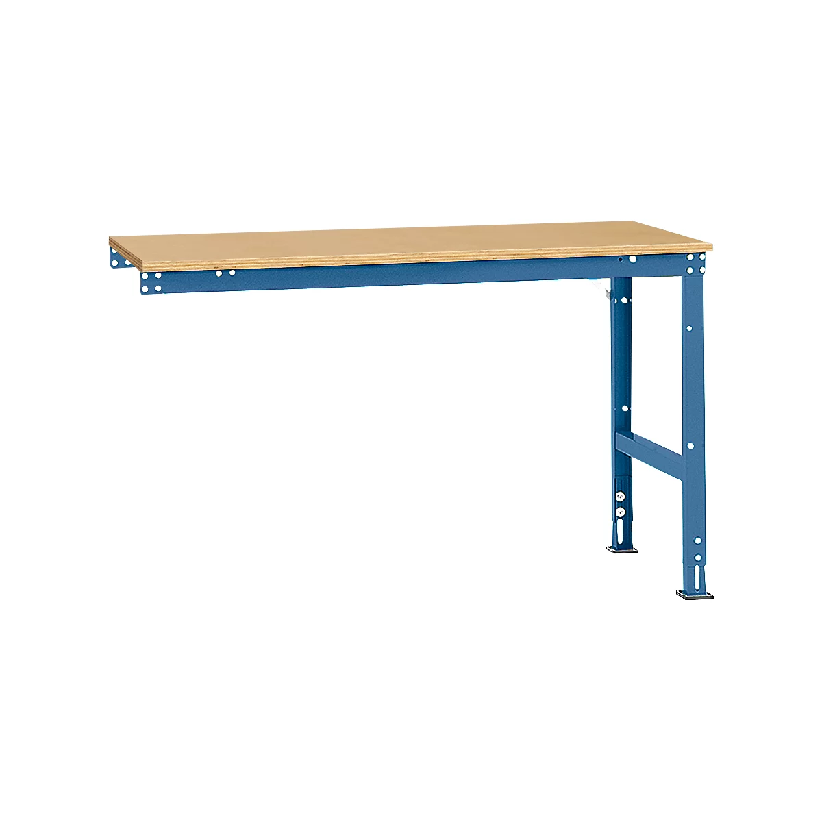 Blue workshop table with wooden top. Metal table legs. The table is seen at an angle from the right.