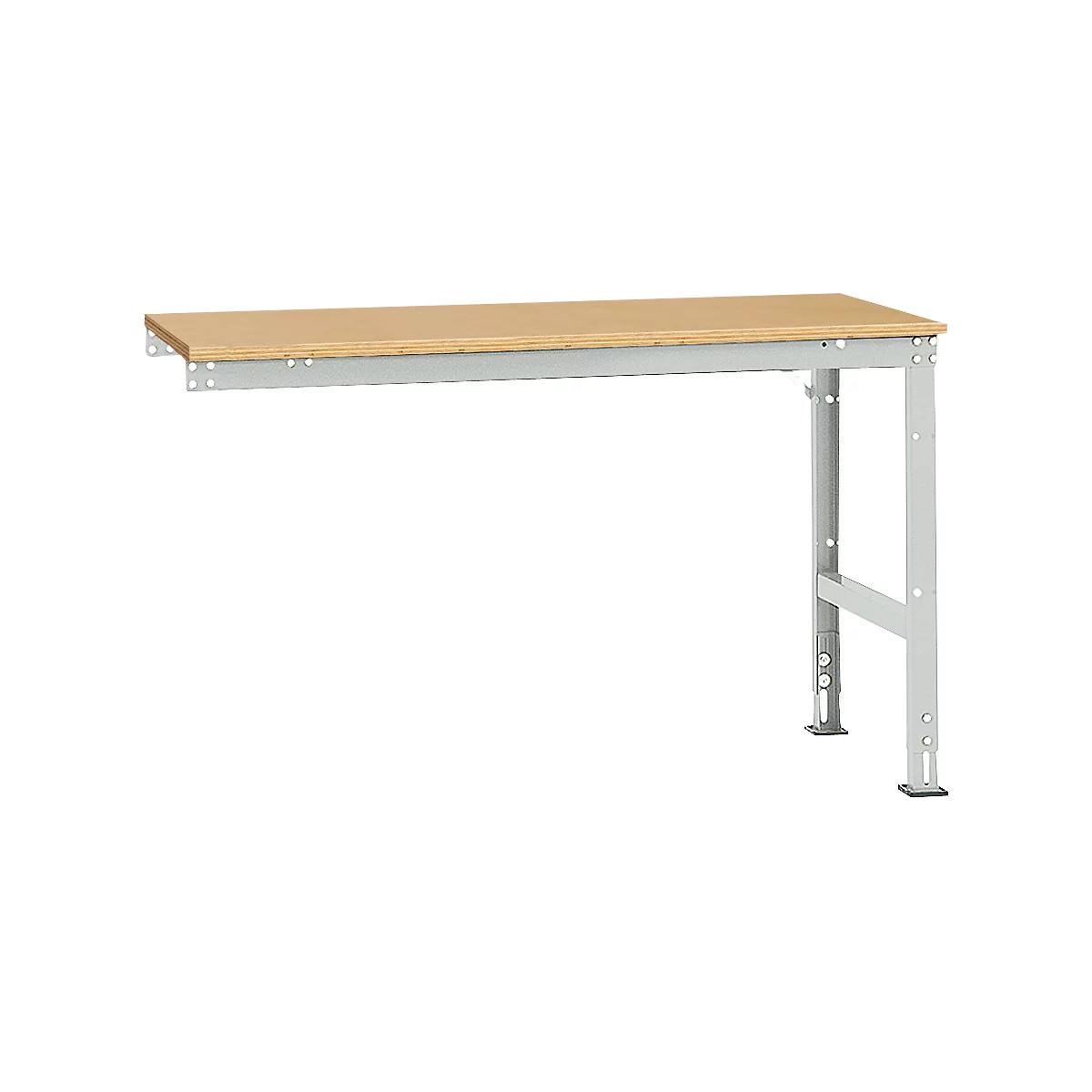 Workbench with wooden top and gray metal frame. The workbench stands against a white background.
