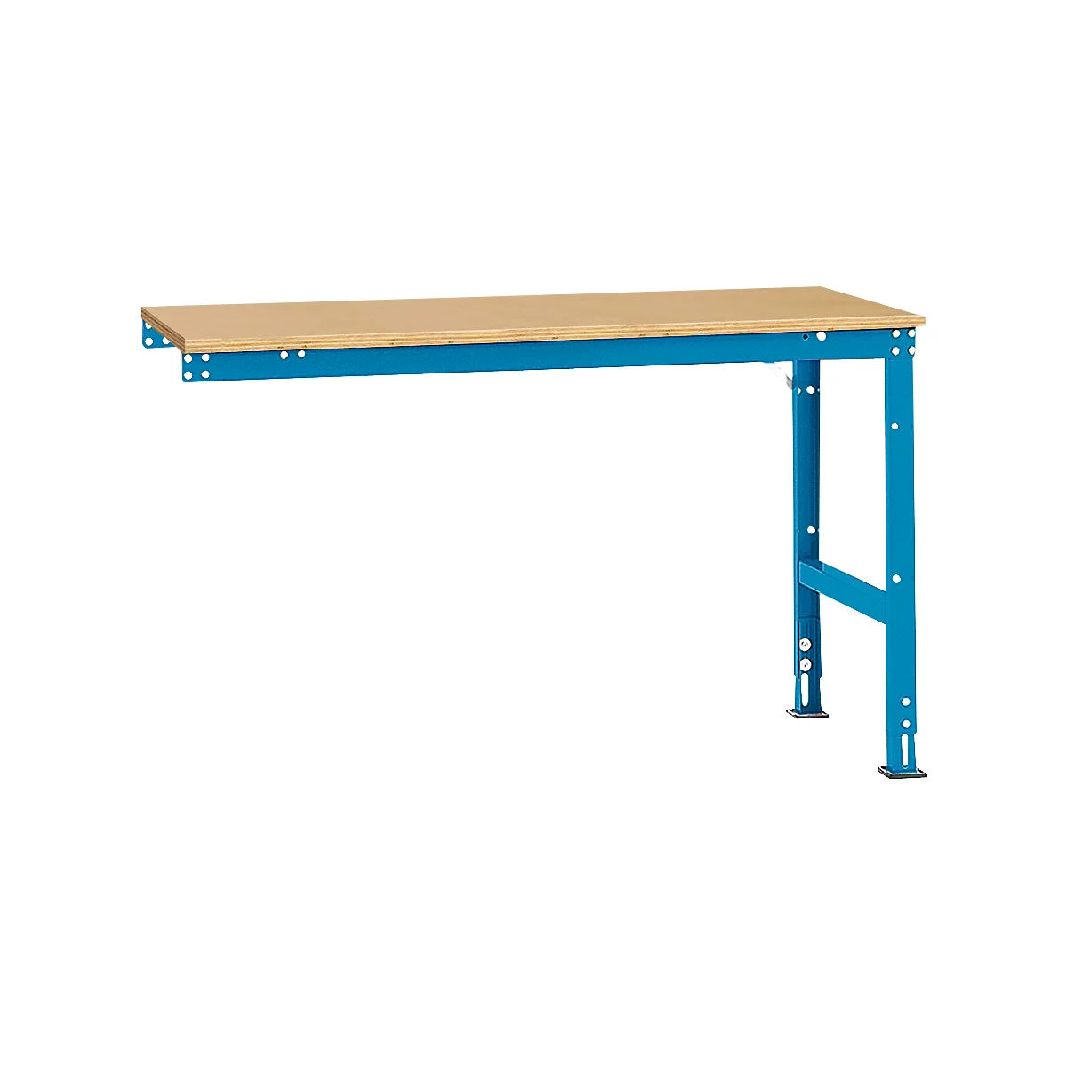 Wooden workbench with blue steel legs. The rectangular table has a light brown work surface.