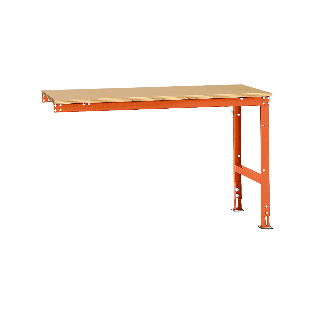 Workbench with orange frame, beige wooden top. Mounted on the wall.